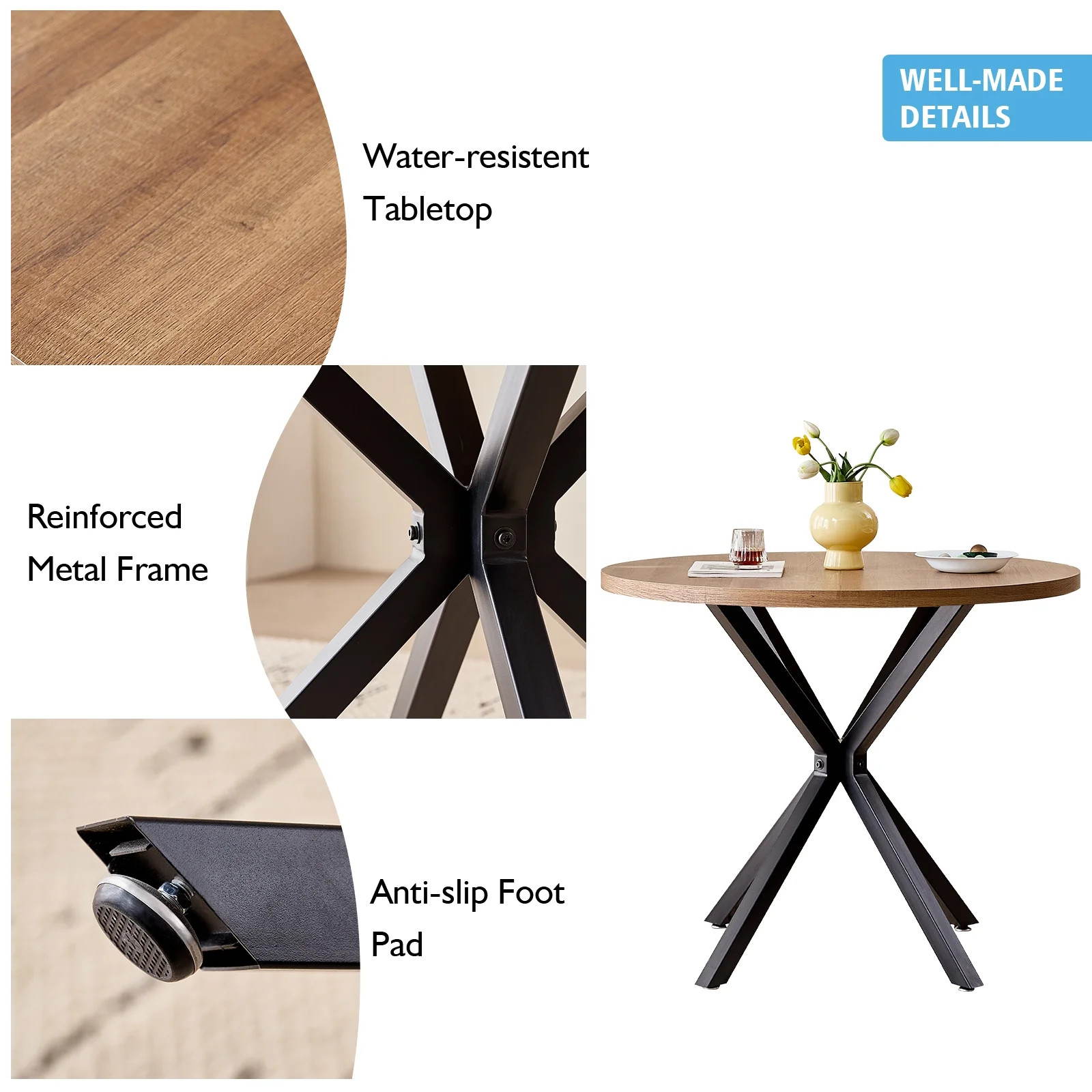 39- Round Dining Table, Modern Small Kitchen Table for 4 with X-Shaped Metal Legs and 1.2" Thickness Tabletop for Kitchen Dining Room, Coffee Table, Oak