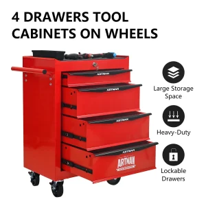 Tool Cabinets 4 Drawers Multifunctional Tool Cart with Wheels,Metal Rolling Tool Cart Storage for Garage Workshop Warehouse Repair Shop--With Stainless Steel Roof- Red&Black,Garage Tool Cabinets