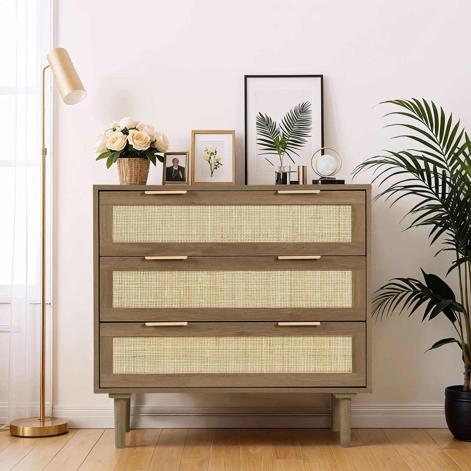 LAZZO 3 Modern Drawer Dresser Rattan, Wooden Dresser Chest of Large Storage Cabinet