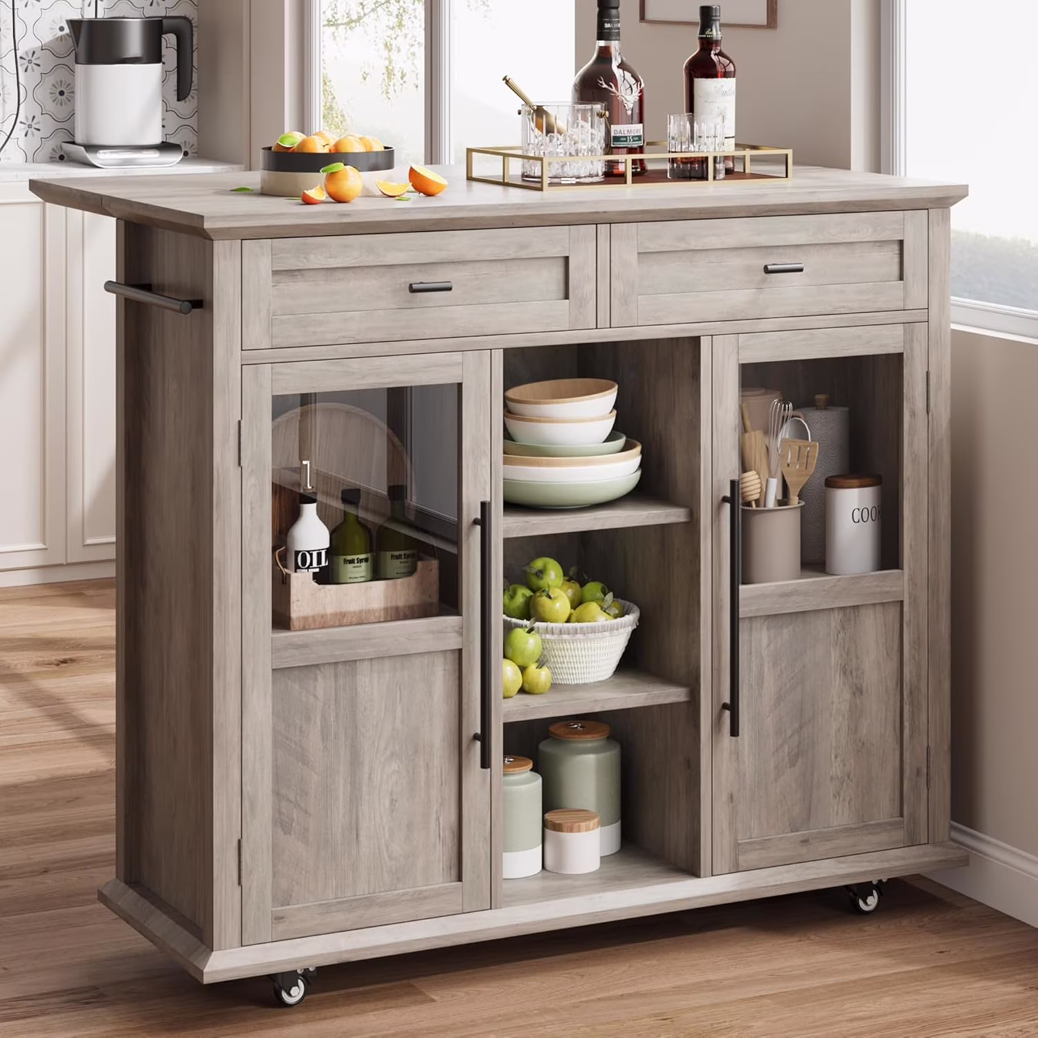 WALYWIK Foldable Kitchen Island Cart with Wheels, 2 Glass Doors, Spice Rack & Towel Holder -C Compact Mobile Storage Cart for Small Kitchens, Dining Rooms, Camping & RVs - Grey