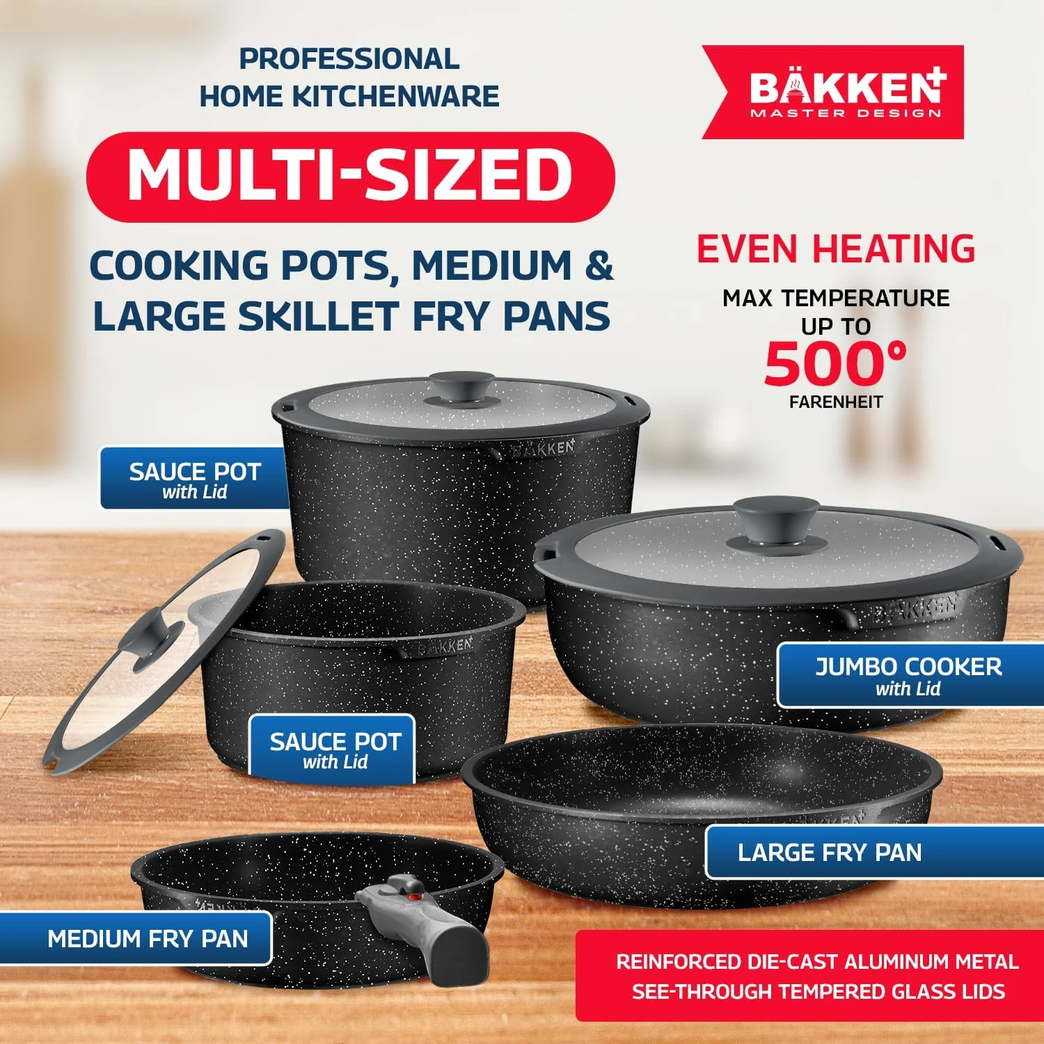 Bakken Master 38 Piece Granite Cookware and Bakeware Set -C Nonstick Granite Coating, Pots and Pans with Detachable Handles and Tempered Glass Lids, 6-piece Bakeware set, 12-piece Mixing Bowls,Brown