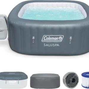 Coleman SaluSpa Atlantis AirJet 4 to 6 Person Inflatable Hot Tub Square Portable Outdoor Spa with 140 Soothing Jets with Cover, Blue