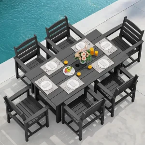 SERWALL 7-Piece Patio Table Set, Outdoor HDPE Dining Furniture with Umbrella Hole, All Weather Table and Chairs for Lawn, Garden, Poolside, Aruba