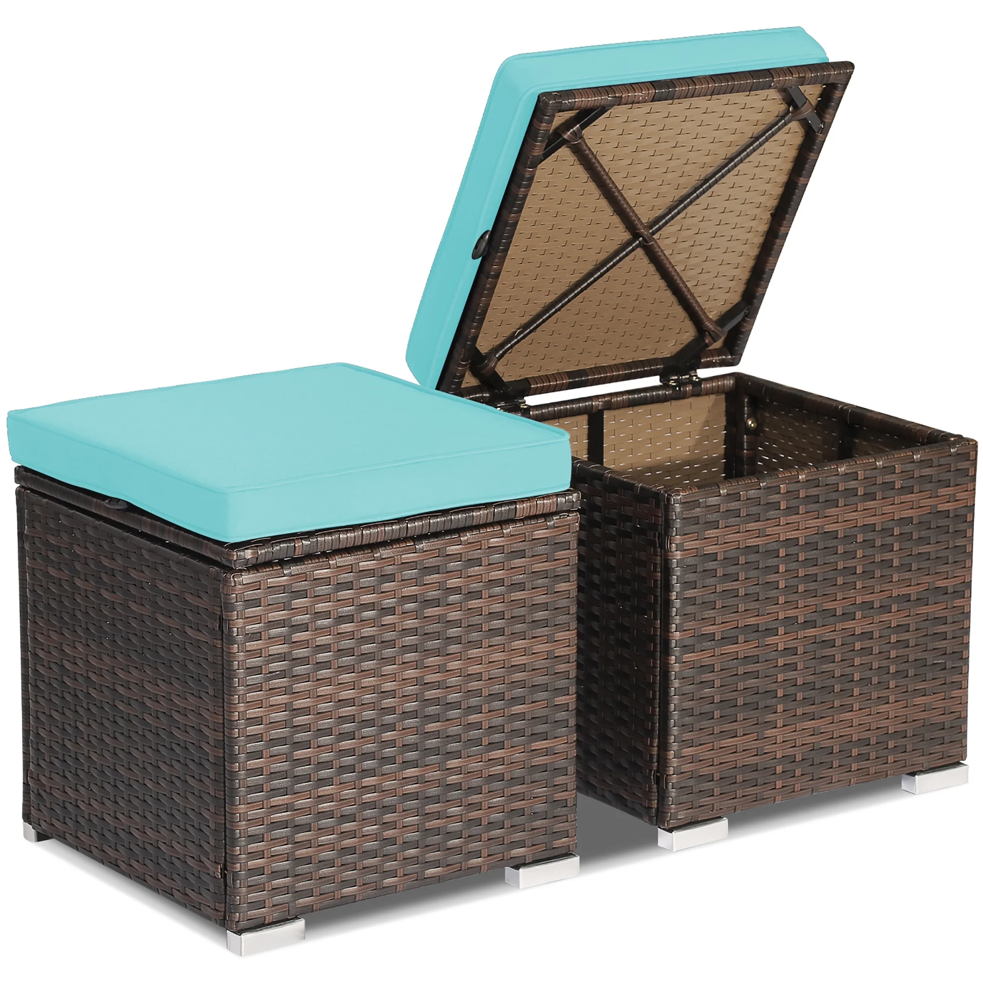 Costway 2PC Patio Rattan Ottoman Seat Side Table Storage Box Footrest Off White