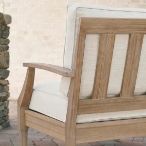 Signature Design by Ashley Clare View Coastal Outdoor Patio Eucalyptus Sofa with Cushions, Beige