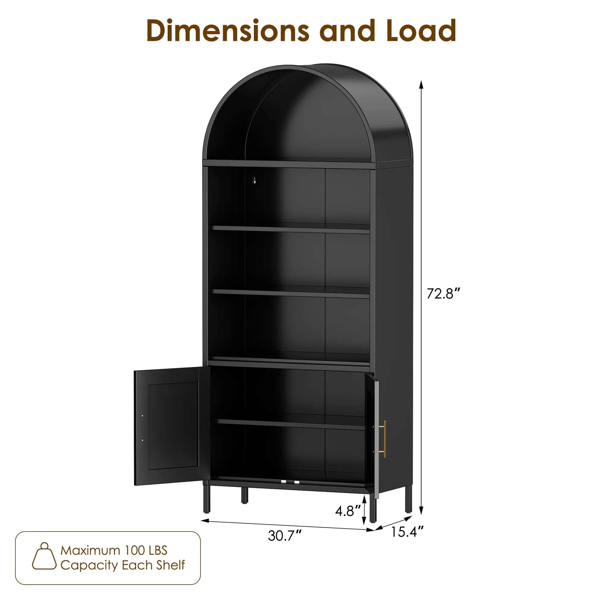SUXXAN Metal Arched Storage Display Lockable Cabinets with Glass Doors and Adjustable Shelves, Assembly Required, Black