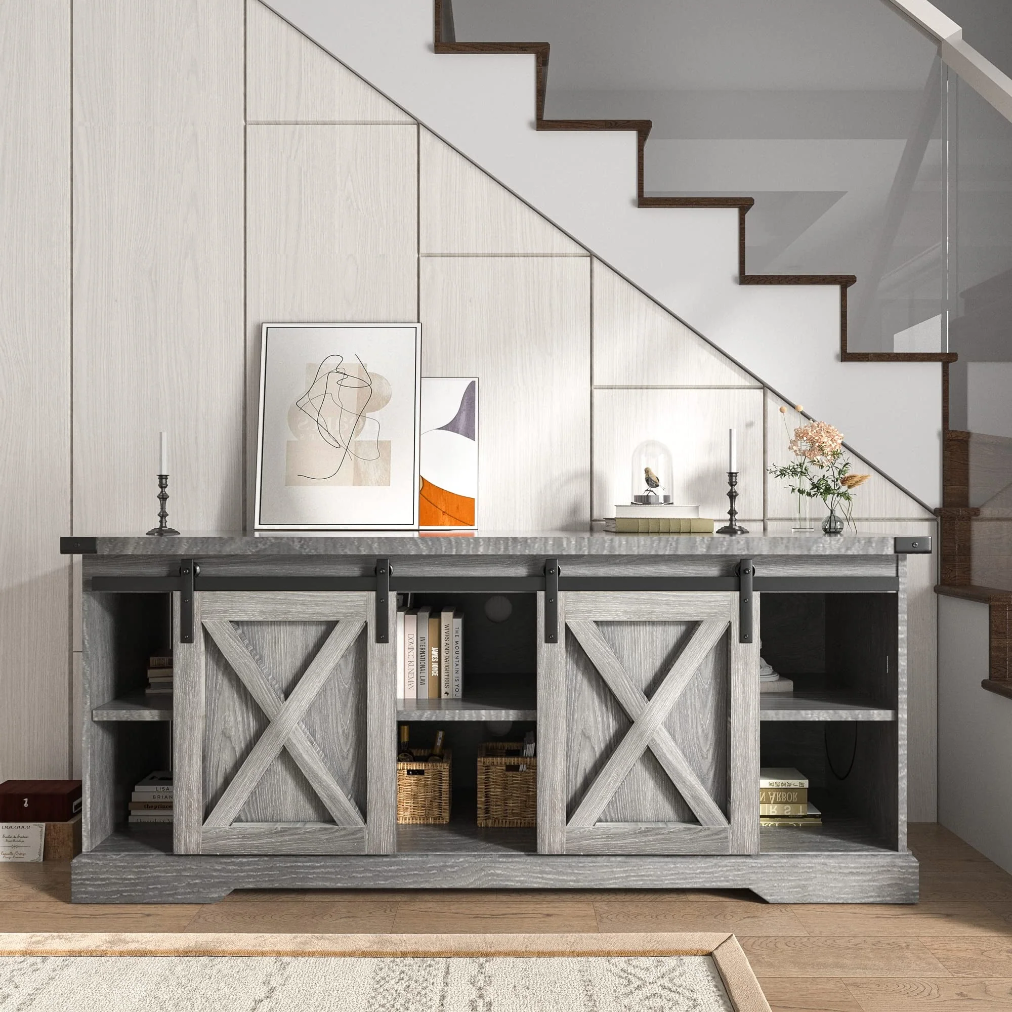 58" Farmhouse Coffee Bar Cabinet with Sliding Barn Door, Heavy Duty Sideboard Buffet Cabinet Kitchen Storage(Grey)