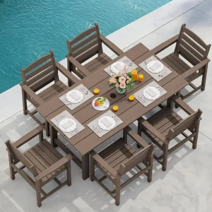 SERWALL 7-Piece Patio Table Set, Outdoor HDPE Dining Furniture with Umbrella Hole, All Weather Table and Chairs for Lawn, Garden, Poolside, Aruba
