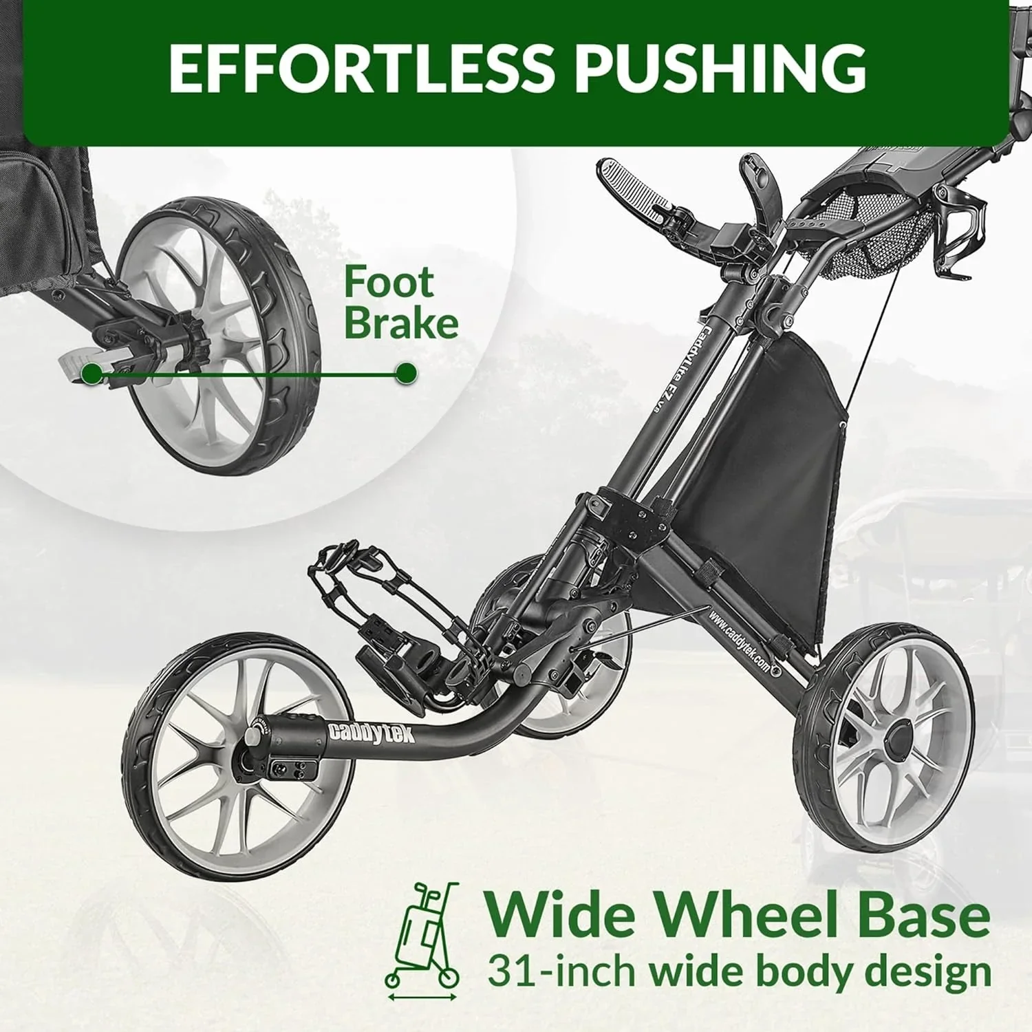 3Wheel Golf Push Cart - Golf Trolley Foldable Collapsible Lightweight Pushcart with Foot Brake - Easy to Open & Close