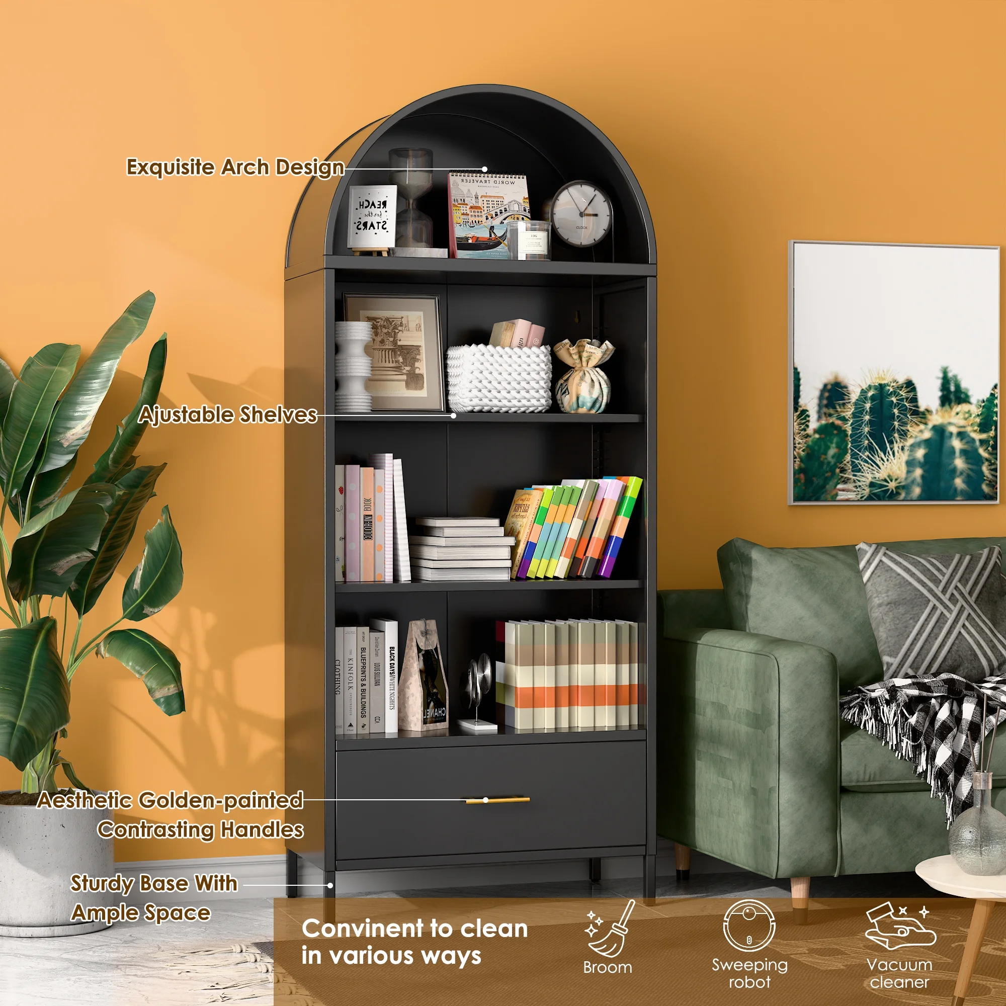 SUXXAN Metal Arched Storage Display Lockable Cabinets with Glass Doors and Adjustable Shelves, Assembly Required, Black