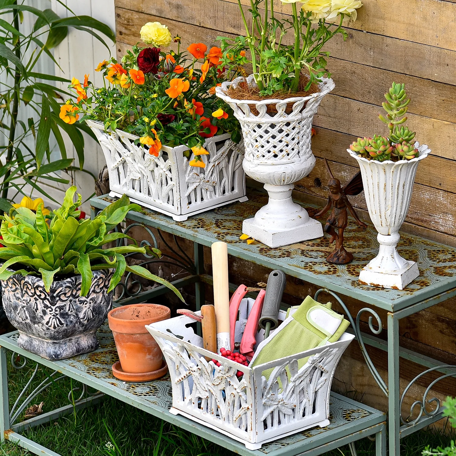 Sungmor Heavy Duty Cast Iron Urn Planter, Beautiful Hollow Trophy Design Tall Orchid Flower Pot, Large Decorative Plastic Flowers Plants Bouquets Vase, Rustic French Country Pot for Home or Garden