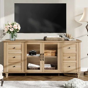 WAMPAT Sideboard Buffet Cabinets with Glass Door, Kitchen Storage Cabinets, Wood Coffee Bar Tables, Accent Sideboard Storage Cabinet Table Dining Room, Living Room,Oak