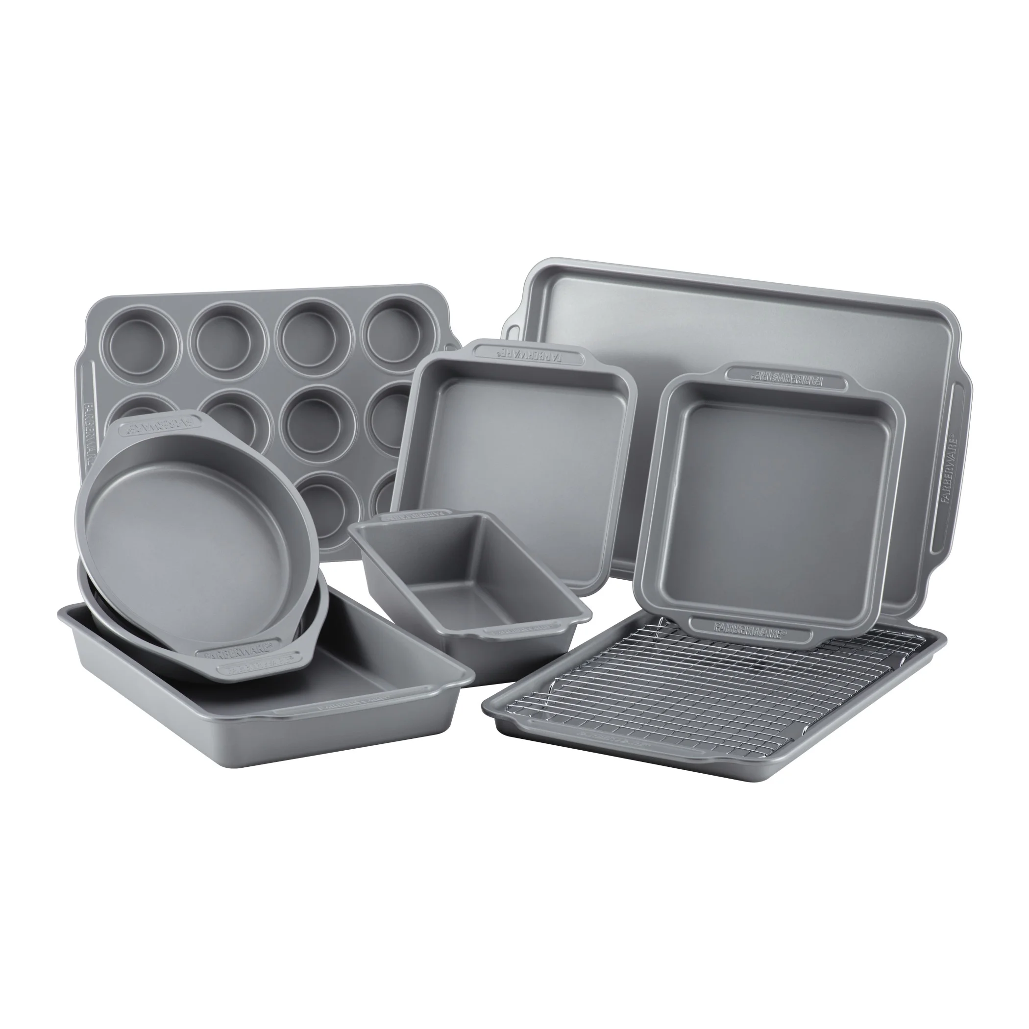 Farberware 10 Pcs Nonstick Bakeware Set with Cooling Rack, Dishwasher Safe and Oven Safe to 450?-F, Gray