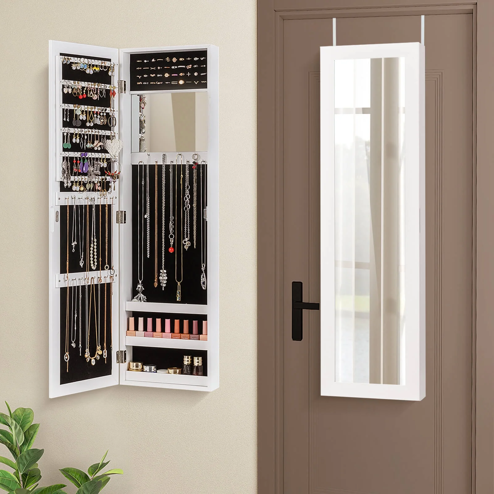 Costway Wall Door Mounted Mirrored Jewelry Cabinet Storage Organizer-Black