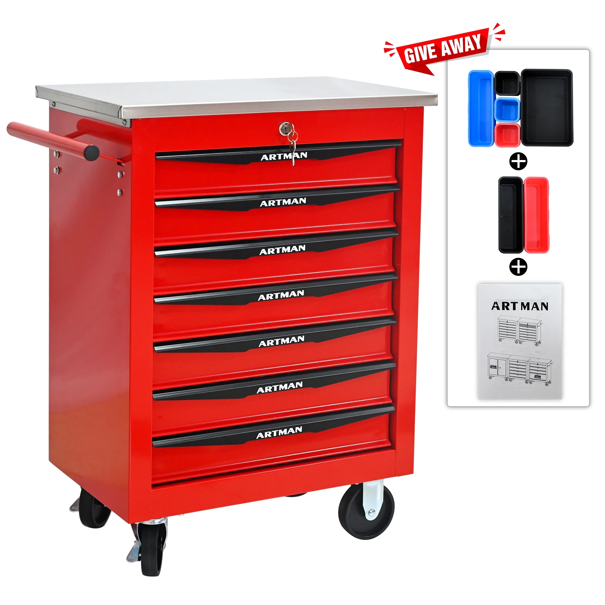 Tool Cabinets 4 Drawers Multifunctional Tool Cart with Wheels,Metal Rolling Tool Cart Storage for Garage Workshop Warehouse Repair Shop--With Stainless Steel Roof- Red&Black,Garage Tool Cabinets