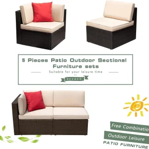 Devoko 5 Pieces Patio Furniture Sets All Weather Outdoor Sectional Patio Sofa Manual Weaving Wicker Rattan Patio Seating Sofas with Cushion and Glass Table(Beige)