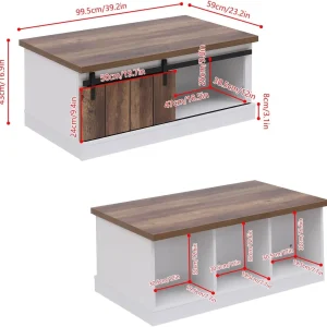 Ansley&HosHo Farmhouse Coffee Table with Sliding Barn Doors & Storage, Antique Wood Living Room Center Table, Rustic Industrial Cocktail Table for Bedroom Home Office, White+Dark Walnut