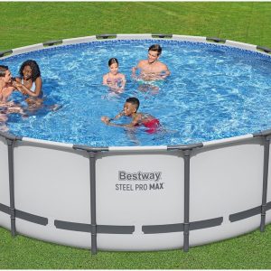 Steel Pro MAX 14 Foot x 48 Inch Round Metal Frame Above Ground Outdoor Swimming Pool Set with 1,000 Filter Pump, Ladder, and Cover, Gray