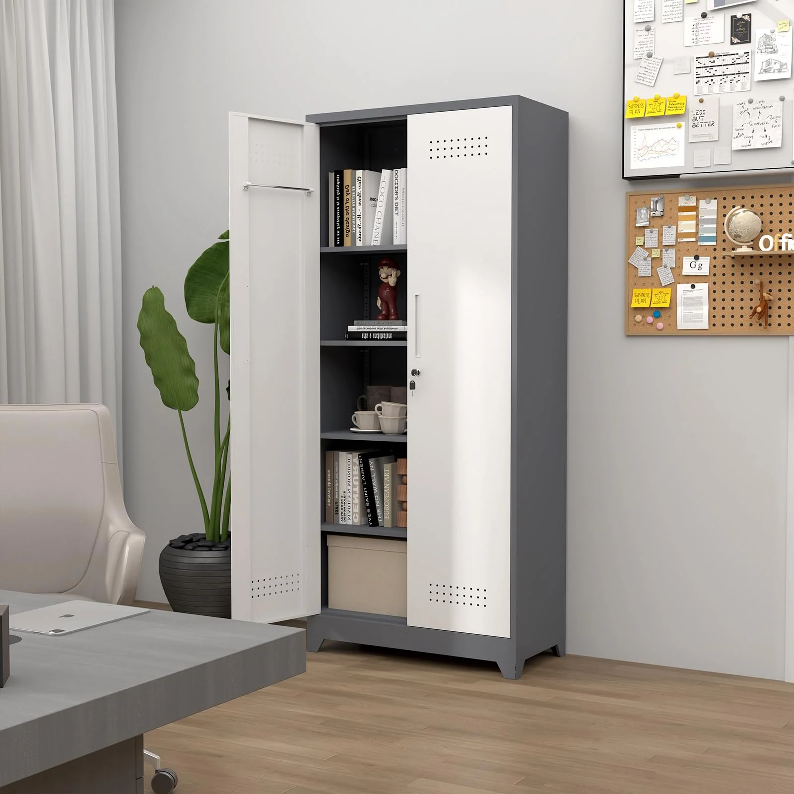 Marcree Broom Closet with Locking Doors,72.8-H Cleaning Tool Storage Cabinet with Hanging Rod & Hooks,Heavy-Duty Tool Garage Storage Cabinet for Utility Room,Grey