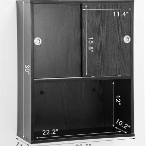 BarberPub Wall Mounted Bathroom Storage Cabinet with Sliding Door and Shelf, Salon Storage Equipment, 30"(H)x 23.6"(W), Black