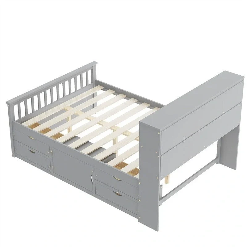 Twin/Full Size Captain Platform Bed with 4 Drawers and Storage Shelves, Solid Wood Bed Frame with Storage Bookcase Headboard