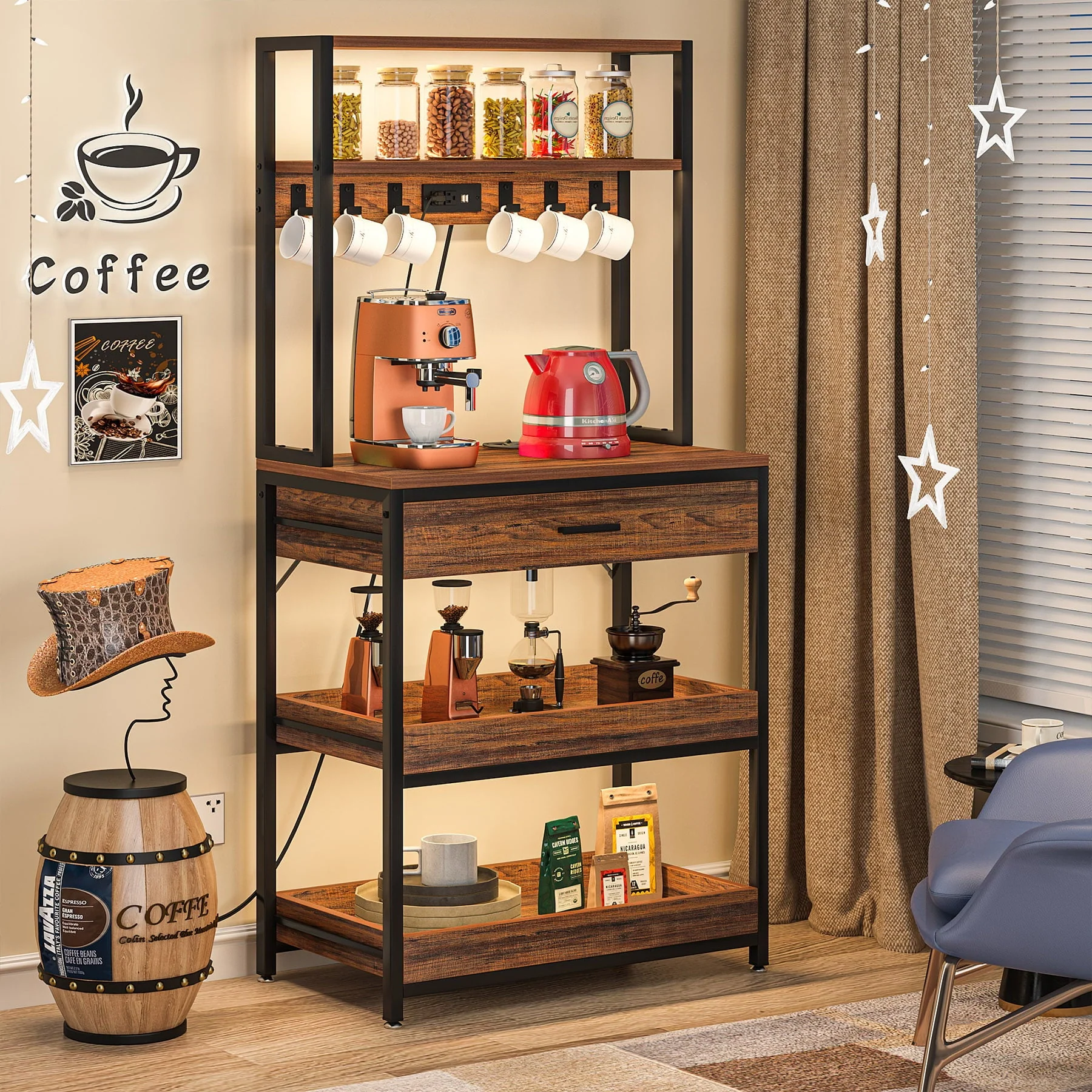 Tribesigns Kitchen Bakers Rack with Power Outlets, 5-Tier Microwave Oven Stand with Drawer and Sliding Shelves, Freestanding Kitchen Storage Shelf Organizer with 6 Hooks, Rustic Brown