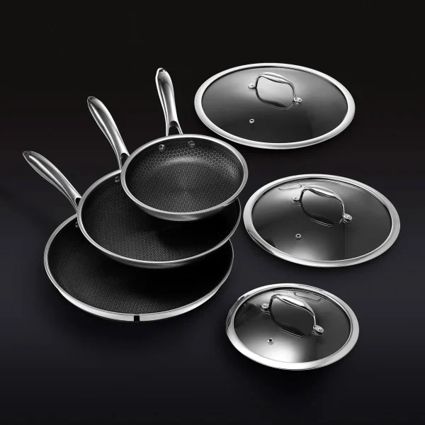 HexClad 6 Piece Hybrid Stainless Steel Cookware Pan Set 8 inch 10 inch 12 inch with Glass Lids Size: One size Black