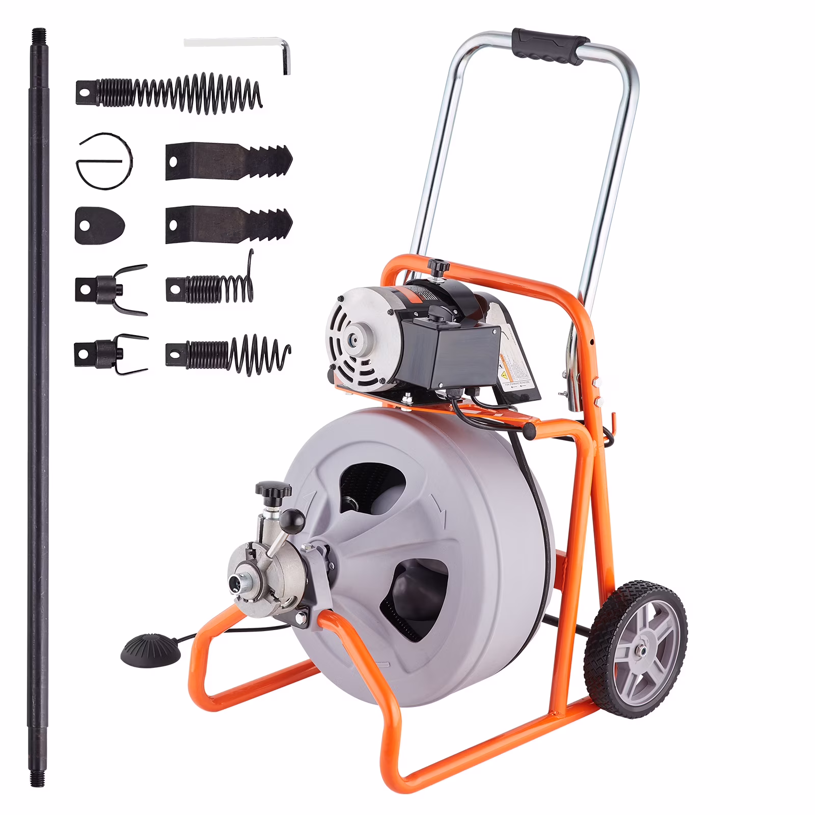 KFFKFF Drain Cleaning Machine, 100FT x 1/2 Inch, Self-feeding, Mobile Drain Auger with 8 Blades & Pneumatic Foot Pedal, Ideal for 2"-4" Pipes