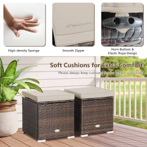 Costway 2PC Patio Rattan Ottoman Seat Side Table Storage Box Footrest Off White