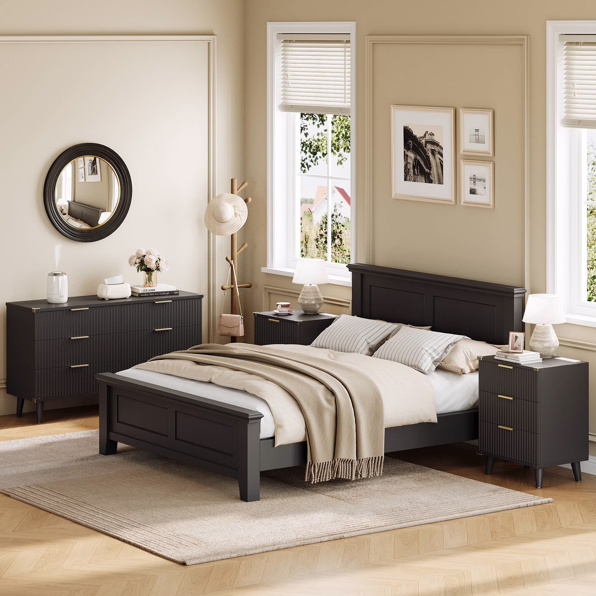 Laintene 3-Piece Boho Bedroom Set - 6-Drawer Dresser & 2 Nightstands with 3 Drawers & USB Charging, Fluted Wooden Storage, Modern Dresser & Nightstand Combo, Natural