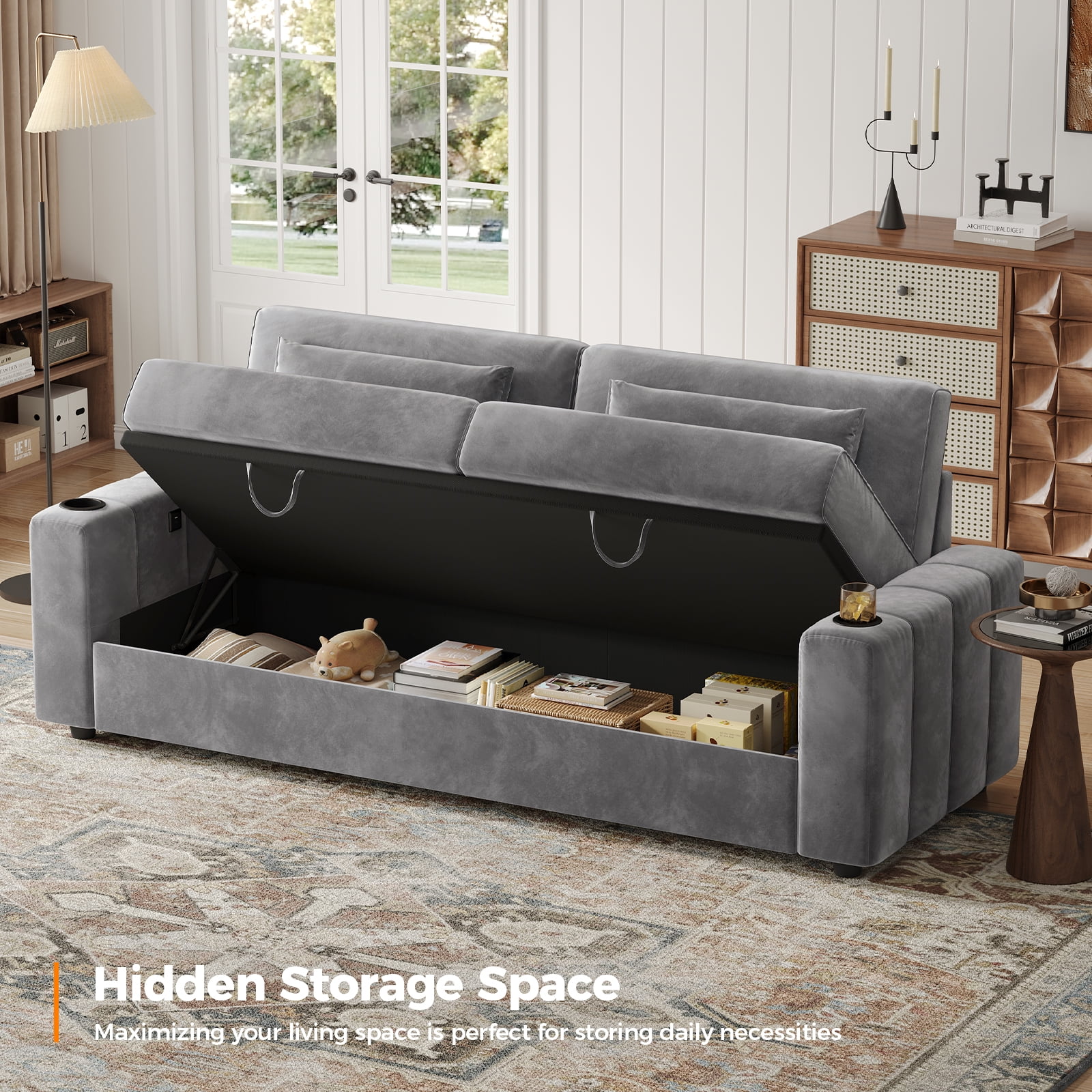 87-Large Loveseat Sofa, 3 Seater Couch with Storage, Velvet Fabric Deep Seat Sofa with Pillow& Cup Holders, Modern Comfy Sofa with USB& Type-C Ports, Home Sofa Couch for Living Room Bedroom