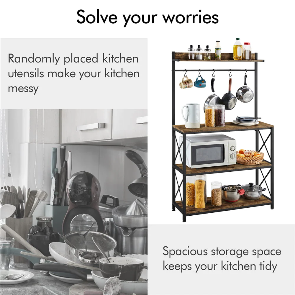 SmileMart 4-Tier Bakers Rack Kitchen Storage Shelf with S-Hooks, Rustic Brown
