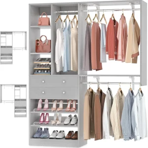 iSunirm 5FT Closet System with Drawers,5FT Closet System with Drawers, 60" Closet Organizer System with 2 Hanging Shelving Perfect Storage Solution for Organizing Your Closet