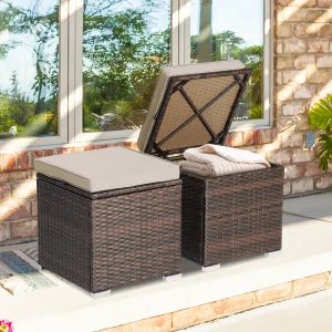 Costway 2PC Patio Rattan Ottoman Seat Side Table Storage Box Footrest Off White