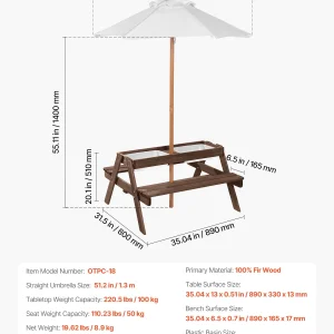 VEVOR Kids Picnic Table with Umbrella, 3-in-1 Sand & Water Table, Outdoor Wooden Table and Bench Set with 2 Trays, 4-People Patio Dining Furniture for Garden, Backyard and Porch (Walnut)