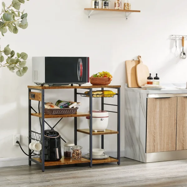 SUPERJARE Kitchen Bakers Rack with Power Outlet, Coffee Bar Table Station, Microwave Stand with 6 S-Shaped Hooks, Wire Basket, Kitchen Storage Shelf Rack, Rustic Brown