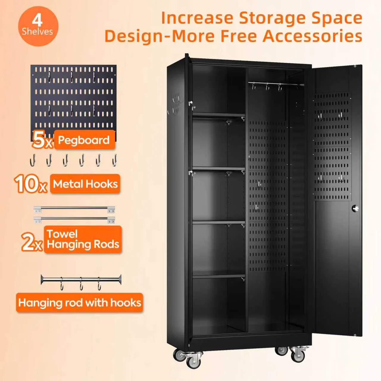 GangMei 71-Inch Metal Lockable Storage Cabinet with Pegboards and 5 adjustable shelves, White, Assembly Required