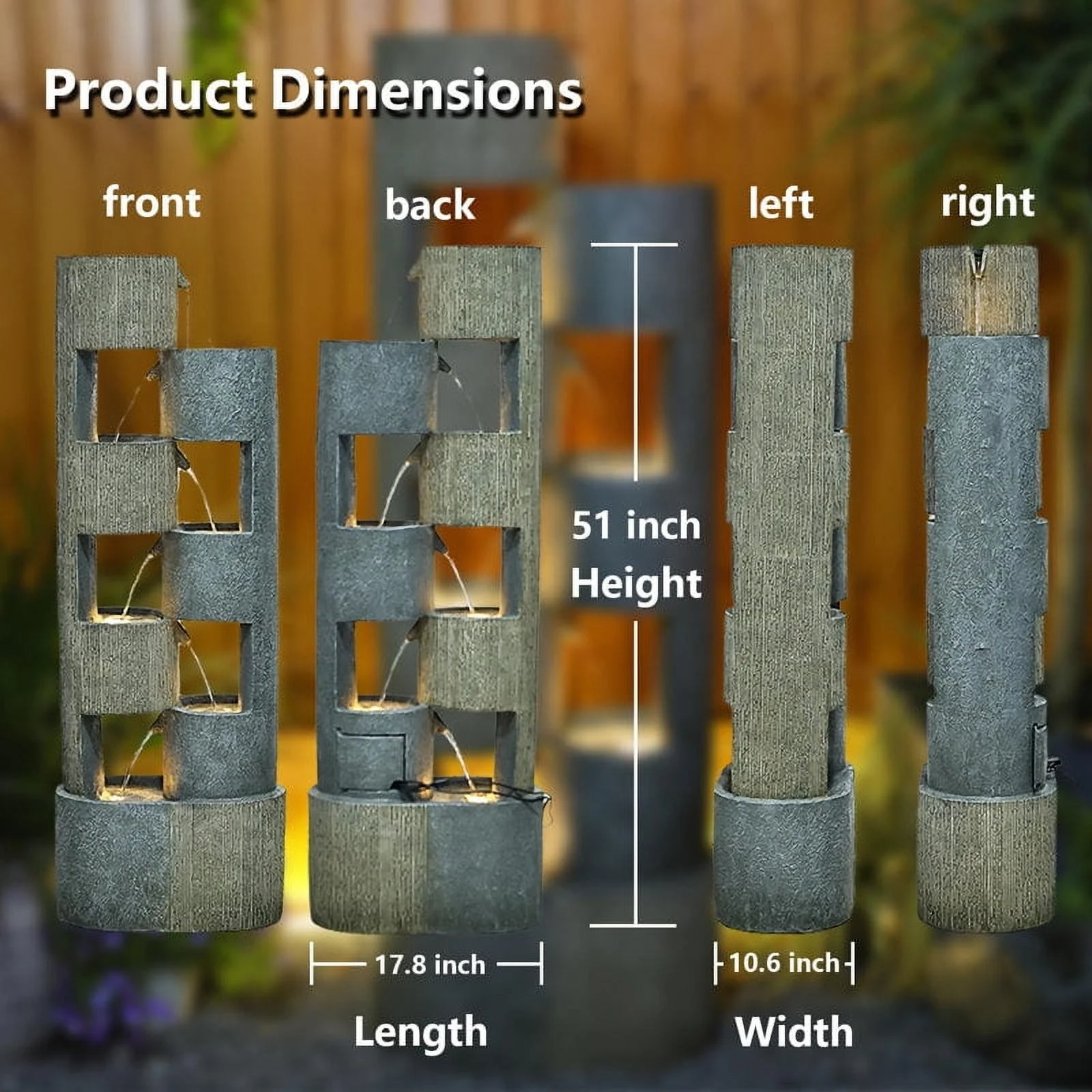 51" Outdoor Water Fountain Floor Standing Waterfalls Fountain with LED Lights for Garden, Living Room, Patio, Home Decor