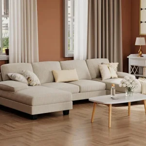Furmax Sectional Couches for Living Room, U-Shaped Sofa Couch with Linen Fabric, 4 Seat Sofa Set with Double Chaise for Apartment (Fabric, Grey)