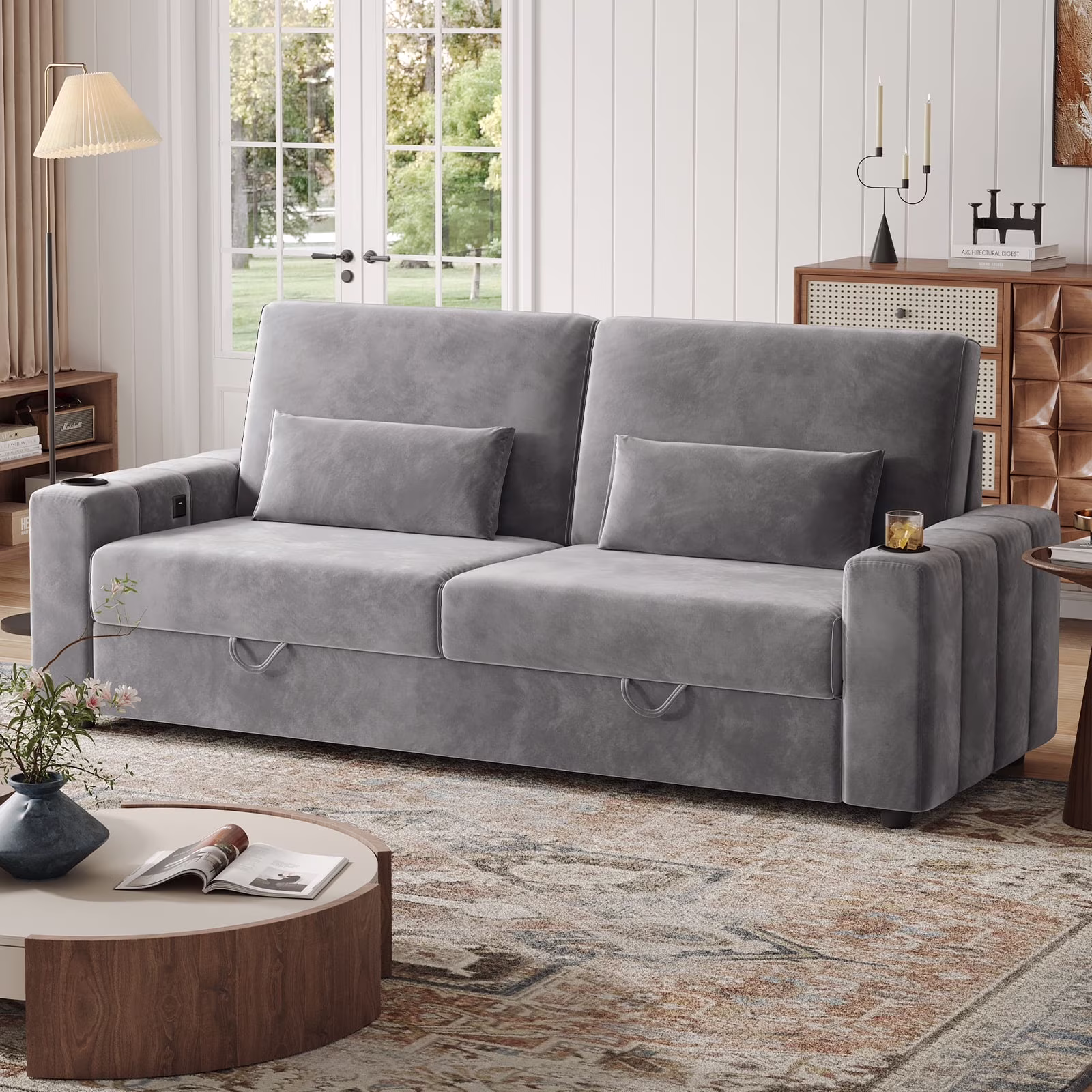 87-Large Loveseat Sofa, 3 Seater Couch with Storage, Velvet Fabric Deep Seat Sofa with Pillow& Cup Holders, Modern Comfy Sofa with USB& Type-C Ports, Home Sofa Couch for Living Room Bedroom