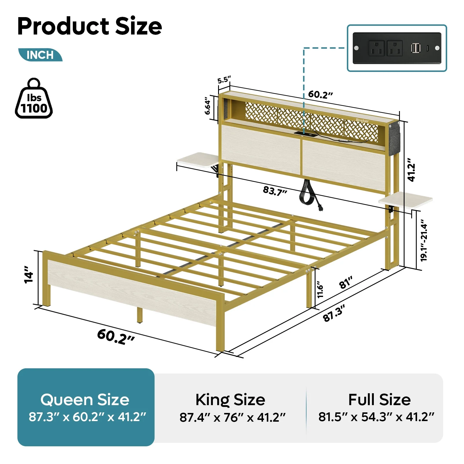 Bestier Queen Size Platform Bed Frame with Wood Foldable Bedside Shelves and LED Storage Headboard Charge Station, Gray