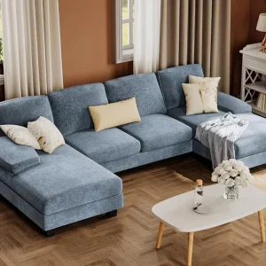 Furmax Sectional Couches for Living Room, U-Shaped Sofa Couch with Linen Fabric, 4 Seat Sofa Set with Double Chaise for Apartment (Fabric, Grey)