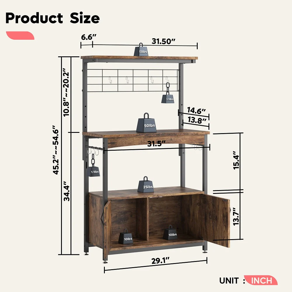 Bestier 3-Tier Baker's Rack with Cabinet, Kitchen Storage Shelves, Microwave Oven Stand, Coffee Bar with Hooks in Rustic