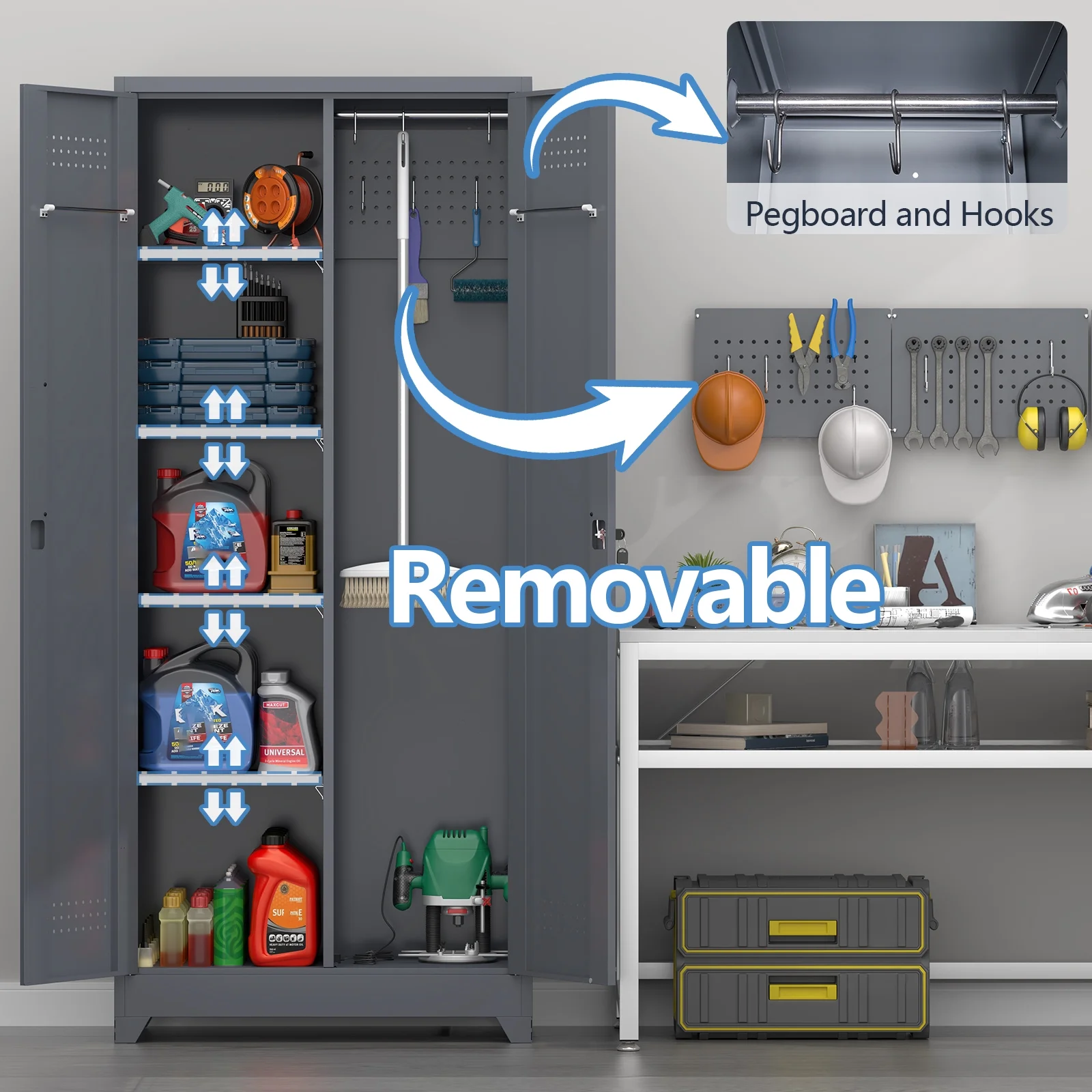 Marcree Broom Closet with Locking Doors,72.8-H Cleaning Tool Storage Cabinet with Hanging Rod & Hooks,Heavy-Duty Tool Garage Storage Cabinet for Utility Room,Grey