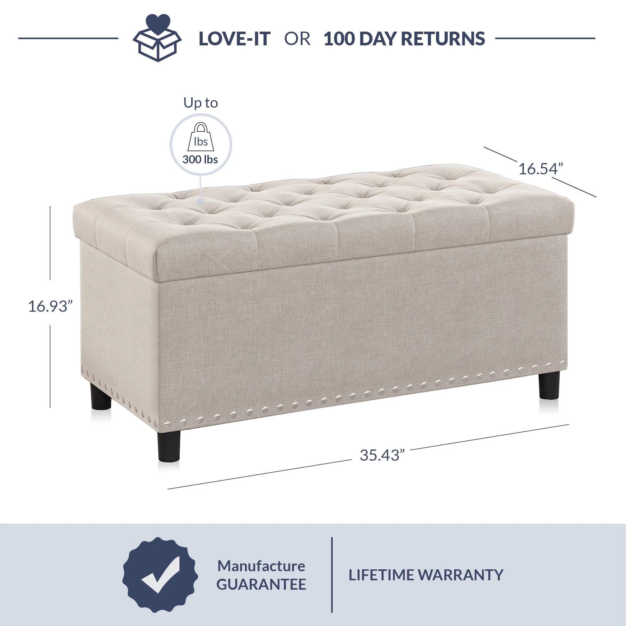 BELLEZE 35 Inch Storage Ottoman, Button-Tufted Ottoman Linen Storage Bench with Safety Close Hinge, Ottoman with Storage for Living Room, Entryway, Hallway, Foot Rest, Support 300lbs - Dark Grey