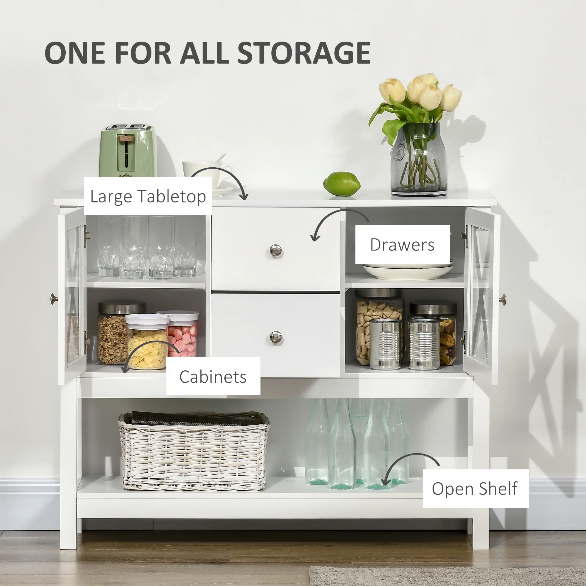 HOMCOM Coffee Bar Cabinet, Sideboard Buffet Cabinet, Kitchen Cabinet with Storage Drawers and Glass Door for Living Room, Entryway, White