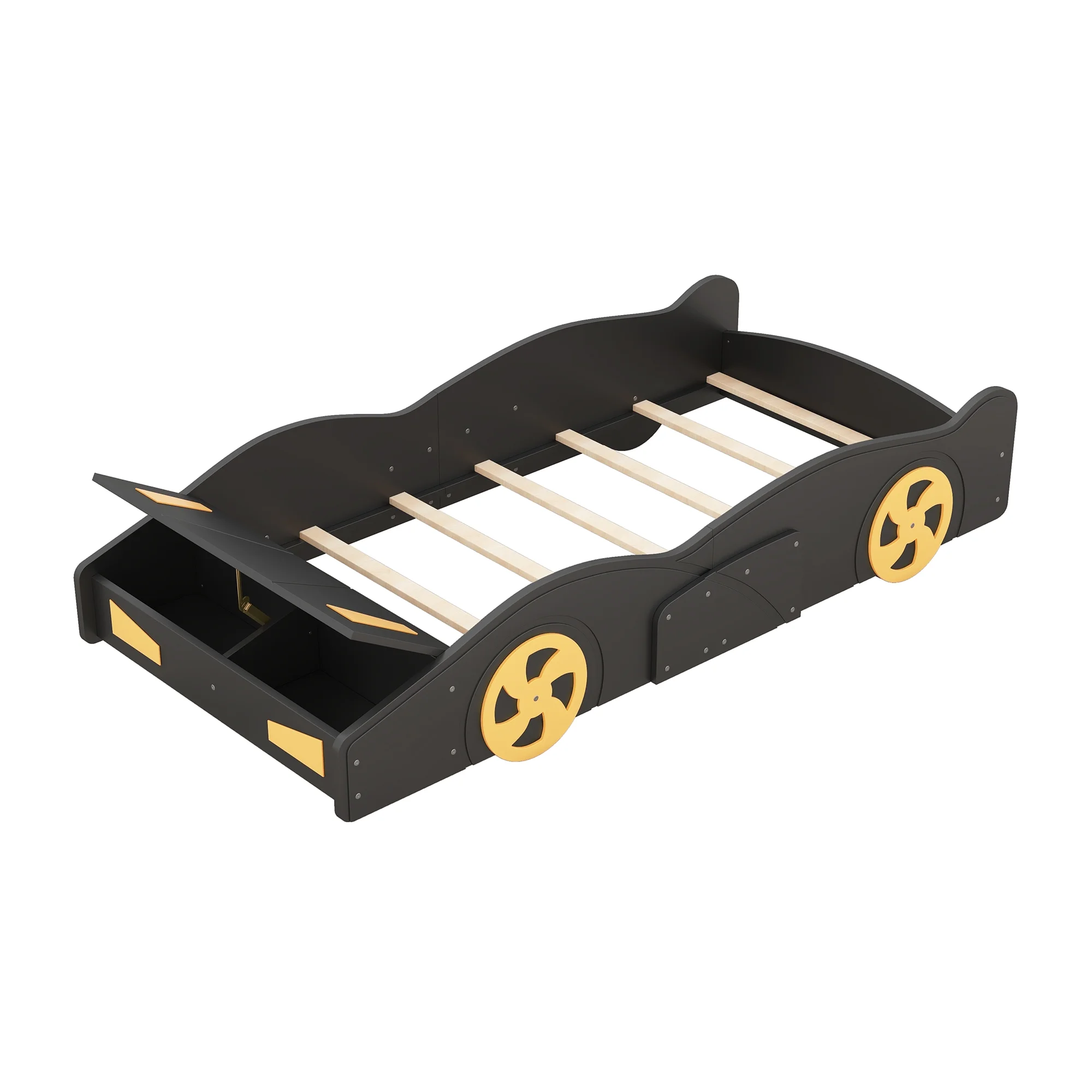 Euroco Car-Shaped Twin Size Platform Bed with Tires and Storage Cabinet for Kids Bedroom, Black