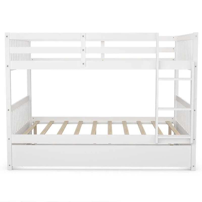 Solid Wood Full Over Full Bunk Bed Frame with Trundle, Safety Ladder & Guardrails, Convertible Bunk Bed for Kids Teens