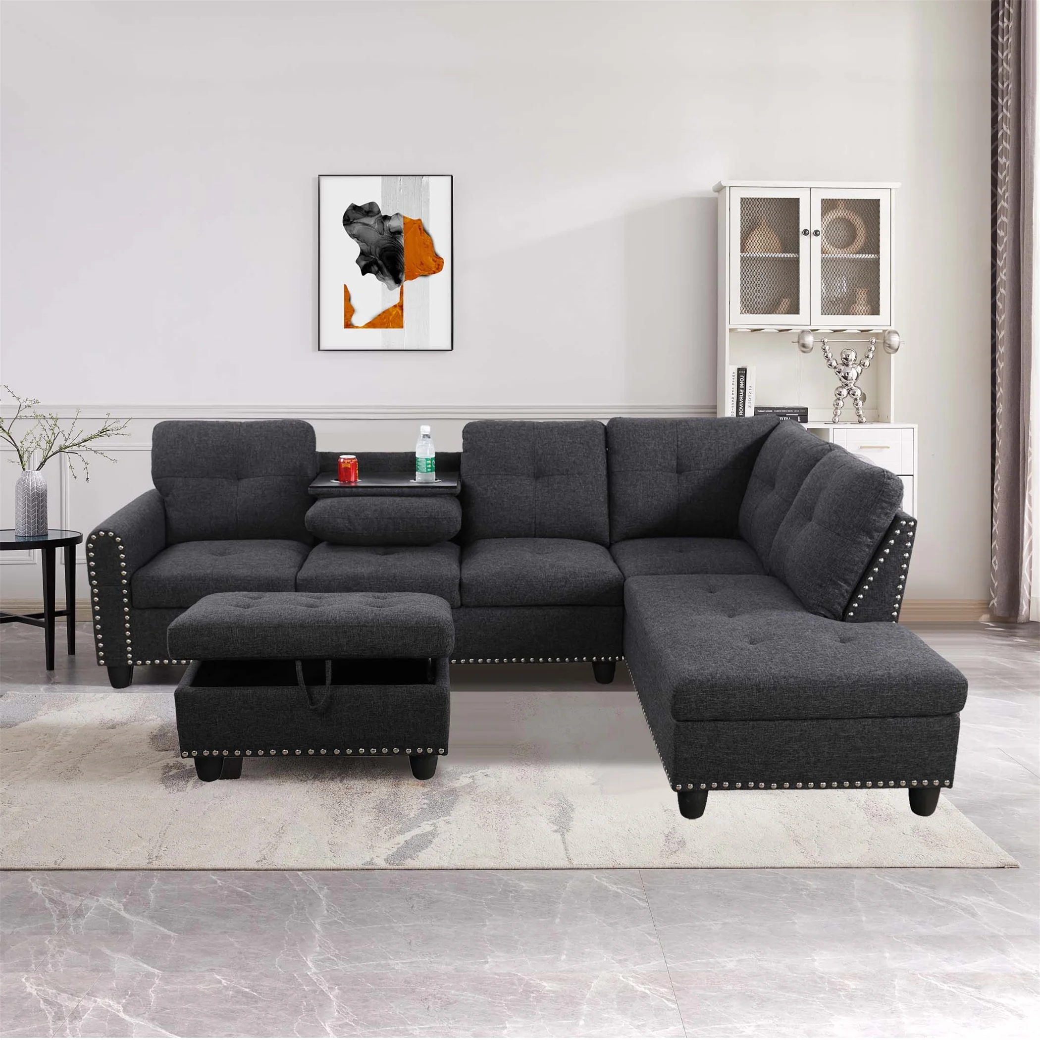 Aukfa 3 Piece Sectional Sofa, Living Room Couch with Storage Ottoman&Cup Holder, Linen, Right Hand, Purple