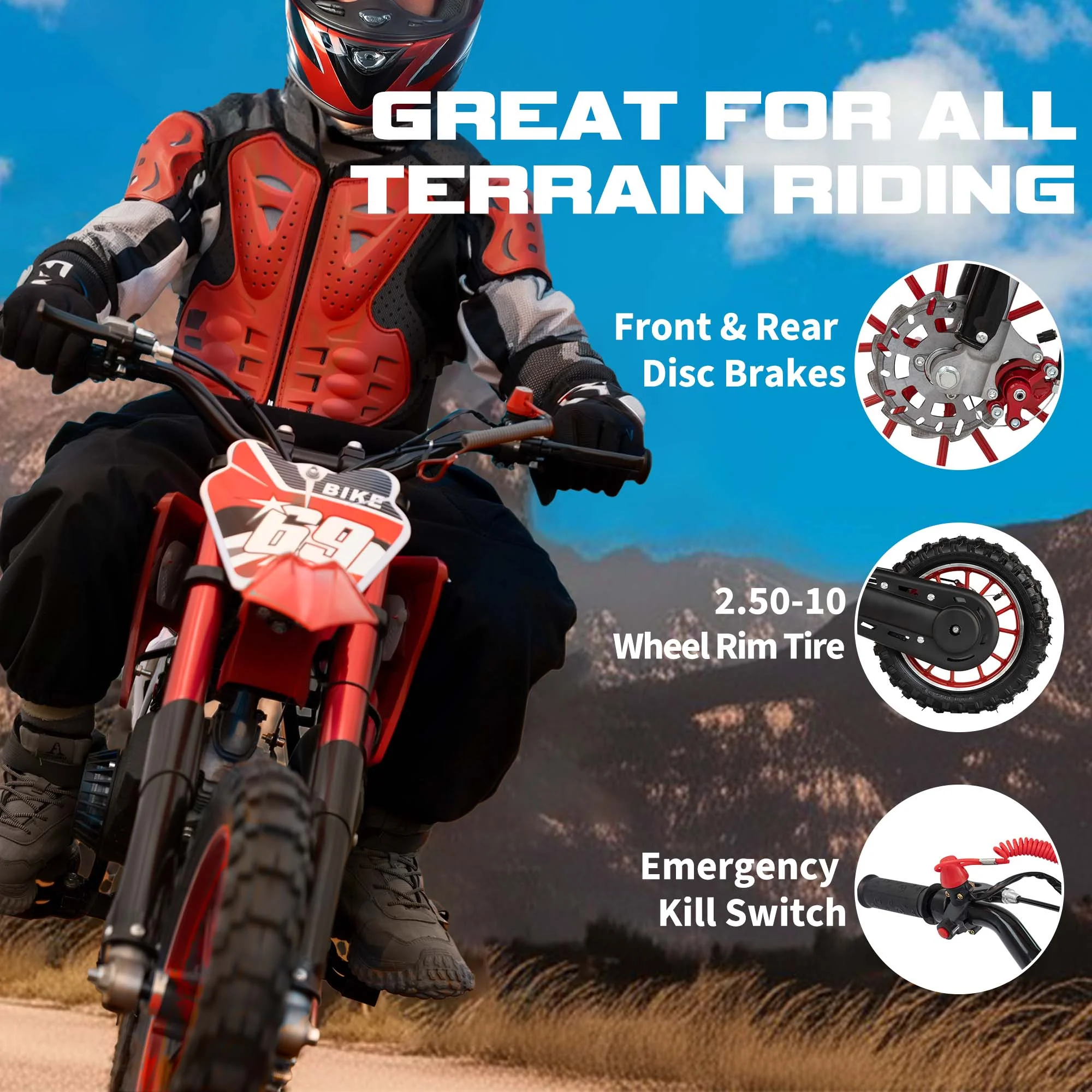 MX moto 49CC Kids Dirt Bicycle, 2-Stroke Gas Powered Off Road Motorcycle, Tire Shock Absorber Spring Soft Seat Cushion with Front and Rear Disc Brake, Max Speed 28 MPH